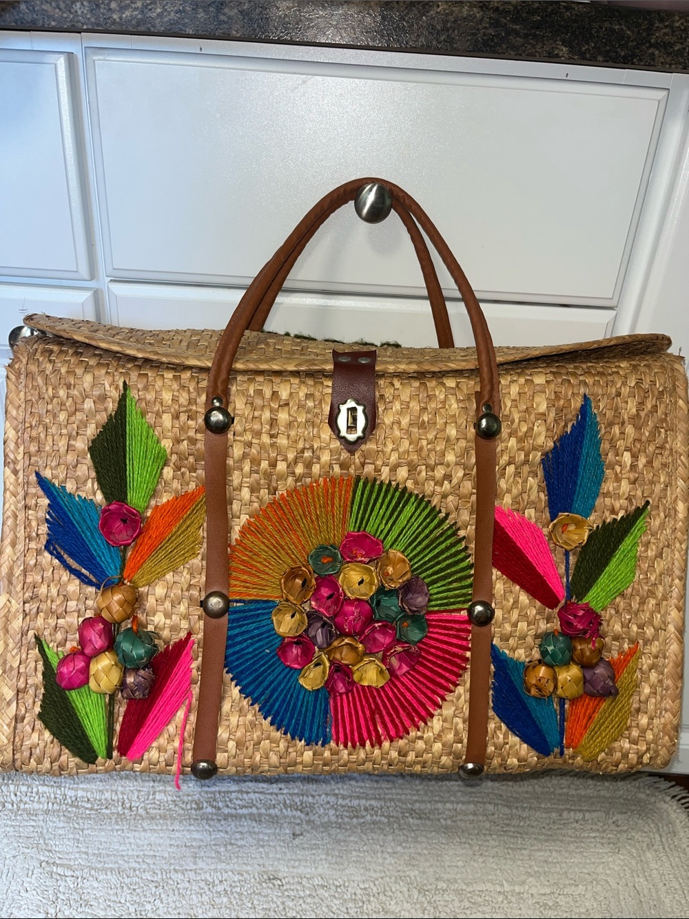 Mexican Woven Straw Tote Bag with Multicolor Floral Embroidery